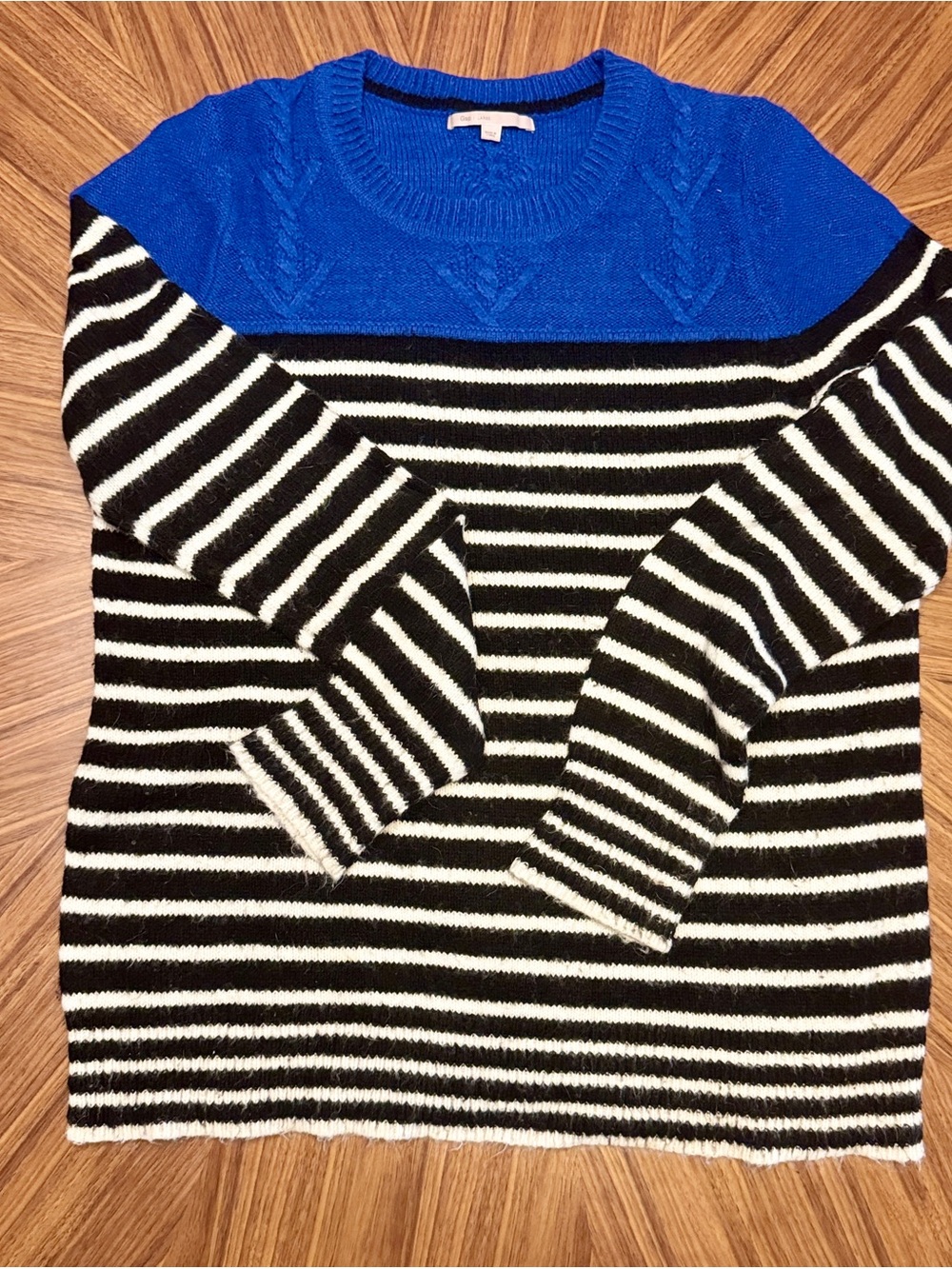 GAP Royal Blue Yoke Black and White Striped Crewneck Sweater